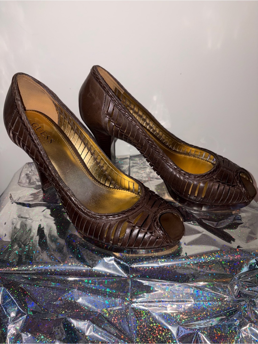 Guess Brown Woven Peep-Toe Heels